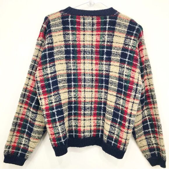 Christopher & Banks Navy Blue Cream Plaid Fuzzy Knit Cardigan Sweater - Picture 5 of 11